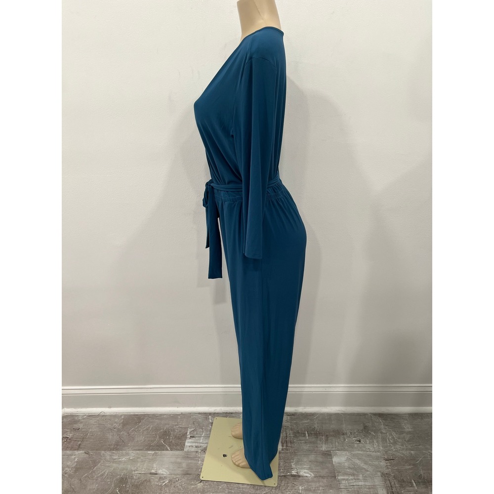 NY Collection Petite Jumpsuit Womens PL Teal Blue Wrap V-Neck Casual Elegant NWT - Picture 2 of 16
